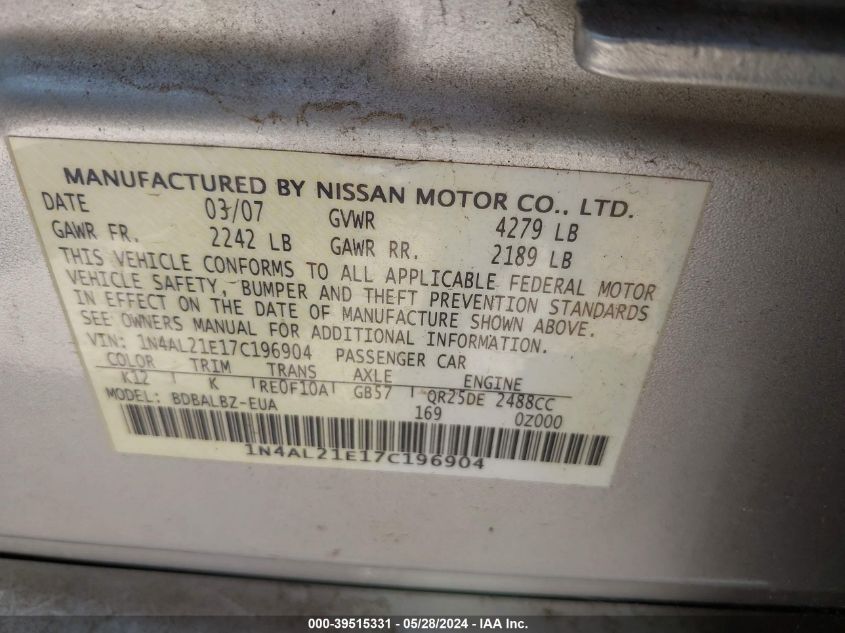 2007 Nissan Altima 2.5 S VIN: 1N4AL21E17C196904 Lot: 39515331