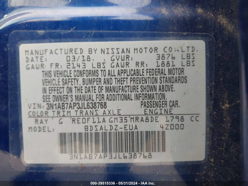 2018 Nissan Sentra Sv VIN: 3N1AB7AP3JL638768 Lot: 39515336