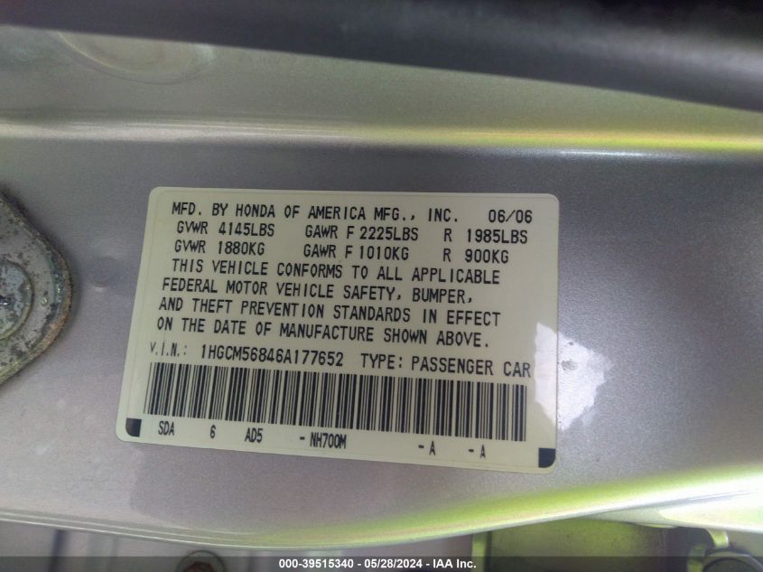 2006 Honda Accord Ex VIN: 1HGCM56846A177652 Lot: 39515340
