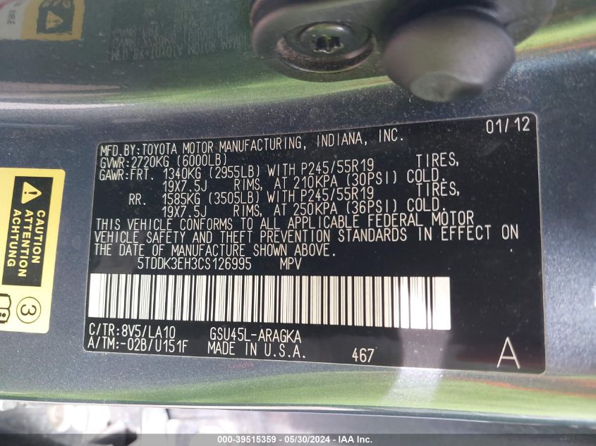 2012 Toyota Highlander Limited V6 VIN: 5TDDK3EH3CS126995 Lot: 39515359