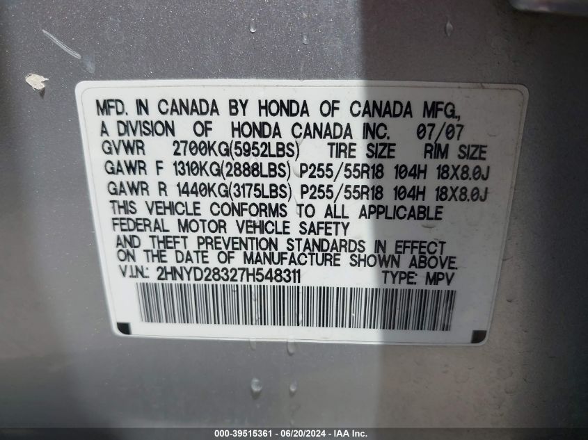 2007 Acura Mdx Technology Package VIN: 2HNYD28327H548311 Lot: 39515361