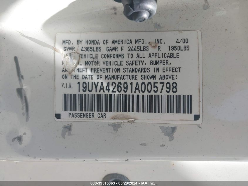 2001 Acura Cl 3.2 Type S VIN: 19UYA42691A005798 Lot: 39515363