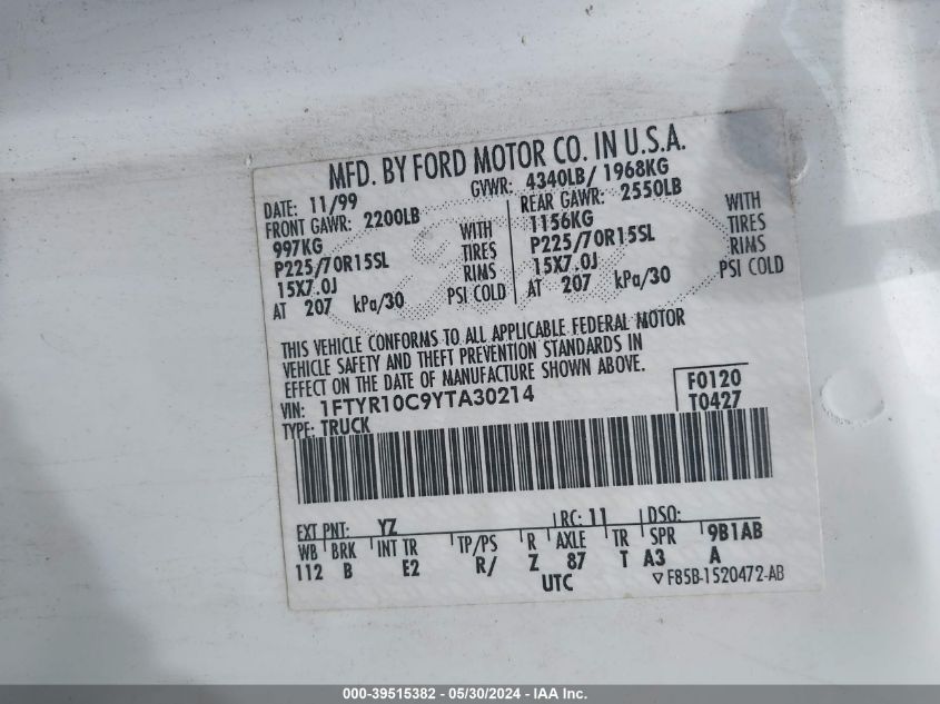 2000 Ford Ranger Xl/Xlt VIN: 1FTYR10C9YTA30214 Lot: 39515382