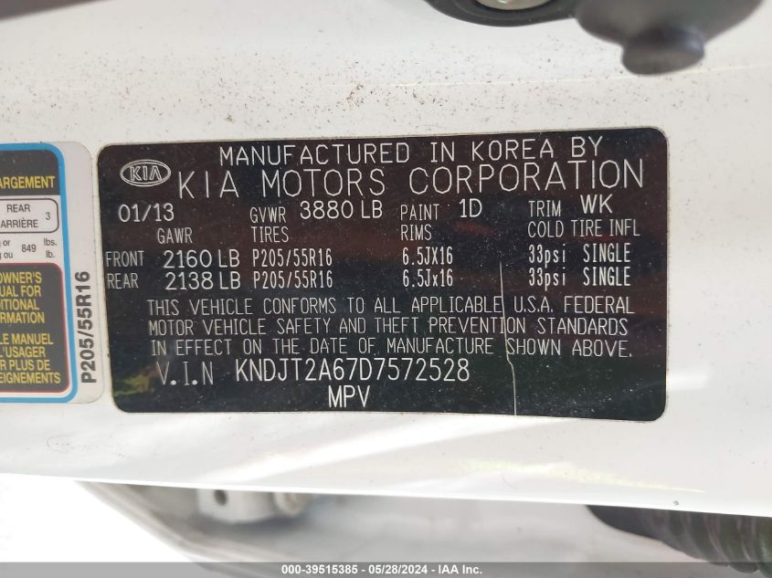 2013 Kia Soul + VIN: KNDJT2A67D7572528 Lot: 39515385