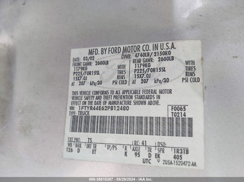 2002 Ford Ranger Xlt VIN: 1FTYR44E62PB12480 Lot: 39515387