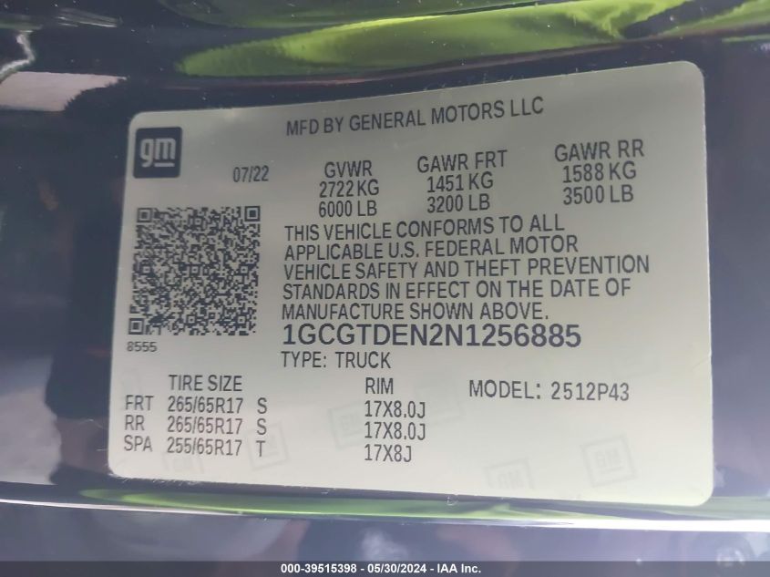 2022 Chevrolet Colorado 4Wd Short Box Z71 VIN: 1GCGTDEN2N1256885 Lot: 39515398