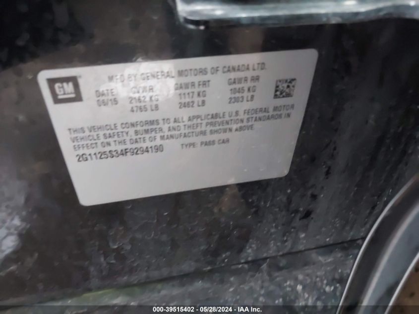 2015 Chevrolet Impala 2Lt VIN: 2G1125S34F9294190 Lot: 39515402