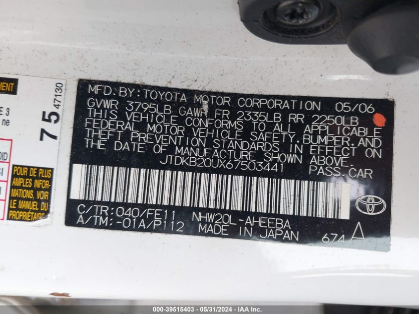 2006 Toyota Prius VIN: JTDKB20UX67503441 Lot: 39515403