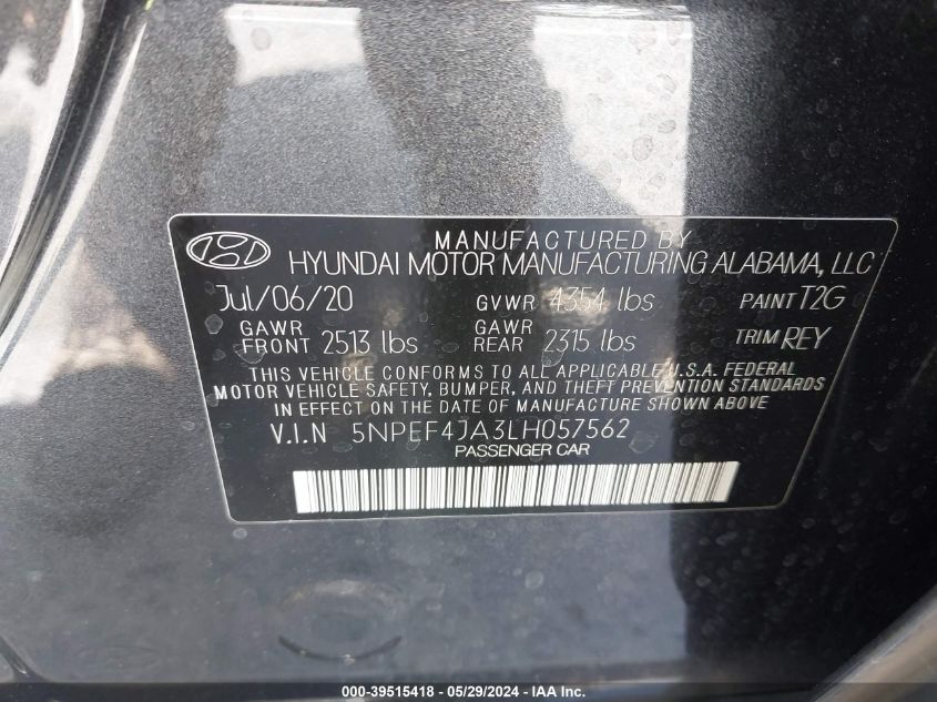 2020 Hyundai Sonata Sel VIN: 5NPEF4JA3LH057562 Lot: 39515418