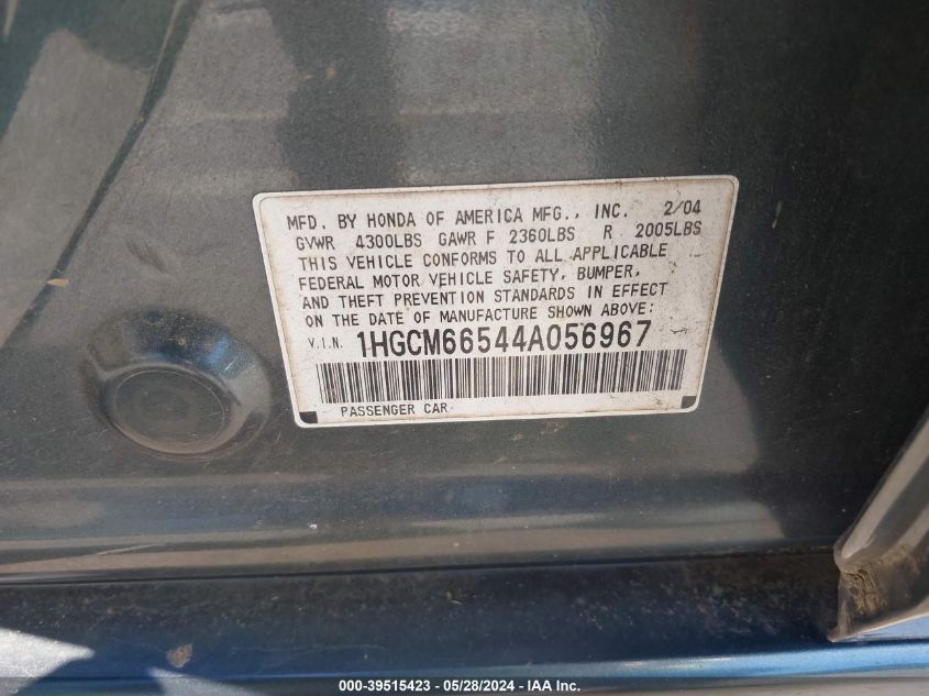 2004 Honda Accord 3.0 Ex VIN: 1HGCM66544A056967 Lot: 39515423
