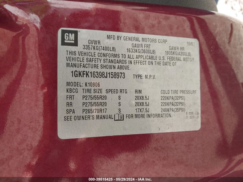 2008 GMC Yukon Xl 1500 Slt VIN: 1GKFK16398J158973 Lot: 39515425