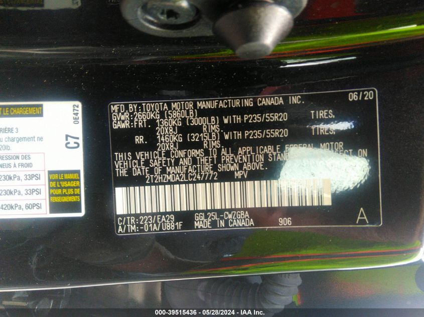 2020 Lexus Rx 350 VIN: 2T2HZMDA2LC247772 Lot: 39515436