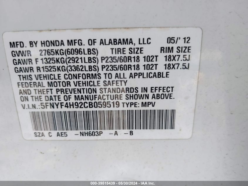 2012 Honda Pilot Touring VIN: 5FNYF4H92CB059519 Lot: 39515439