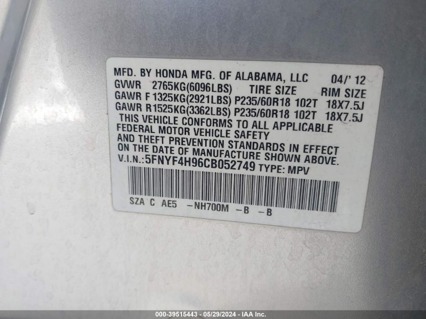 2012 Honda Pilot Touring VIN: 5FNYF4H96CB052749 Lot: 39515443