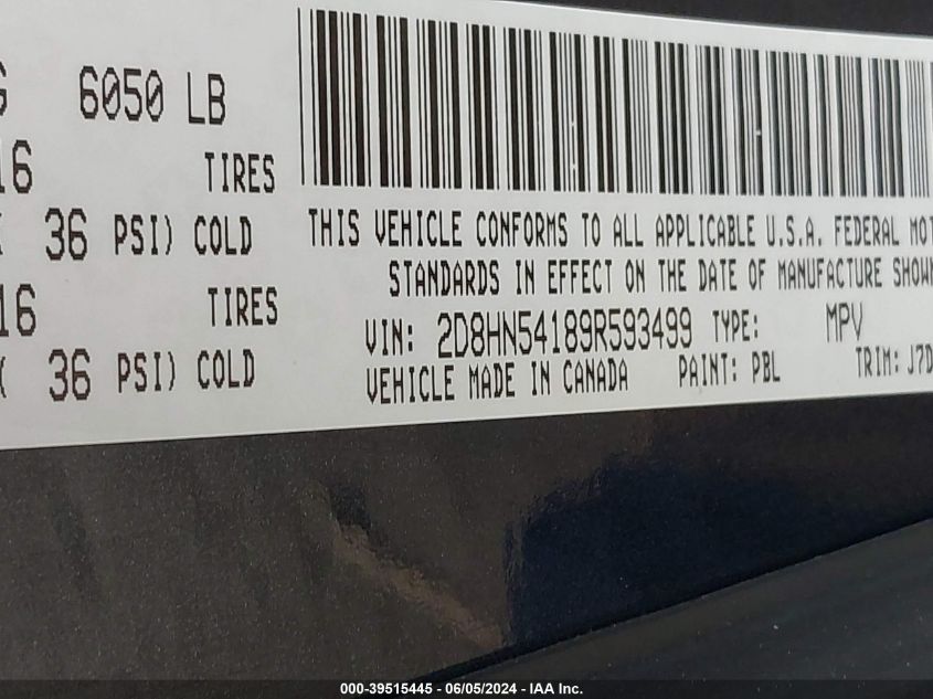 2009 Dodge Grand Caravan Sxt VIN: 2D8HN54189R593499 Lot: 39515445