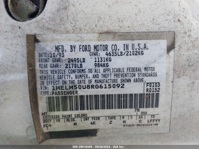 1994 Mercury Sable Gs VIN: 1MELM50U8RG615092 Lot: 39515448