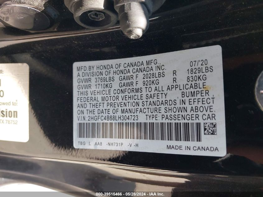2020 Honda Civic Lx VIN: 2HGFC4B68LH304723 Lot: 39515466