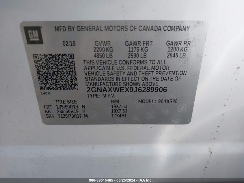 2018 Chevrolet Equinox Premier VIN: 2GNAXWEX9J6289906 Lot: 39515485