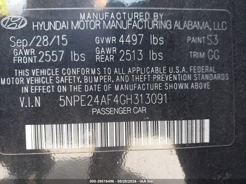 2016 Hyundai Sonata Se VIN: 5NPE24AF4GH313091 Lot: 39515496