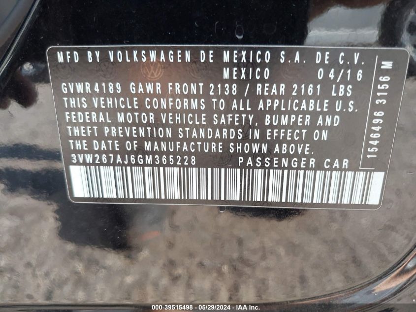 2016 Volkswagen Jetta 1.4T S VIN: 3VW267AJ6GM365228 Lot: 39515498