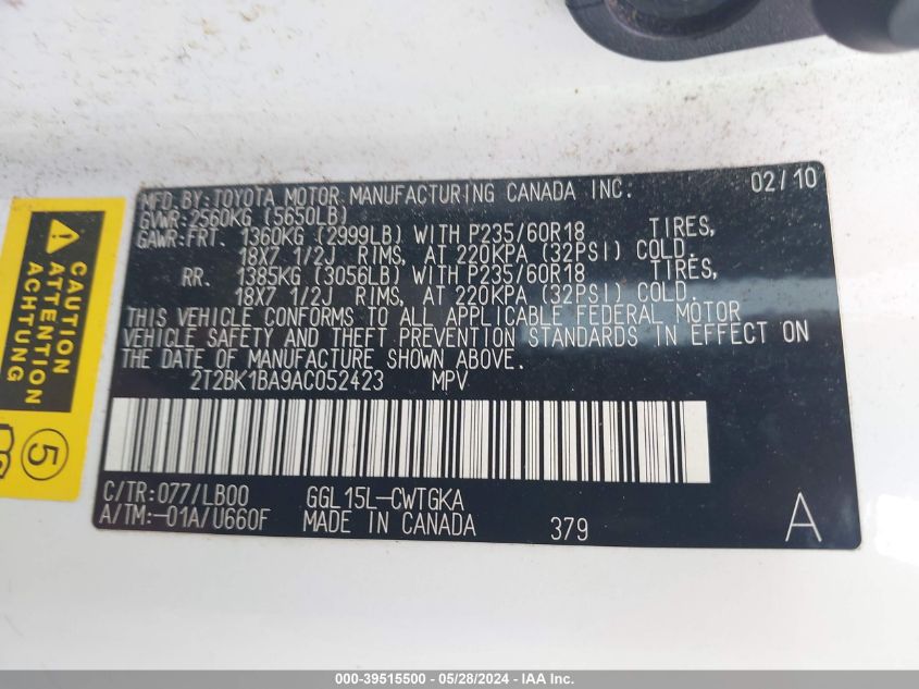 2010 Lexus Rx 350 VIN: 2T2BK1BA9AC052423 Lot: 39515500