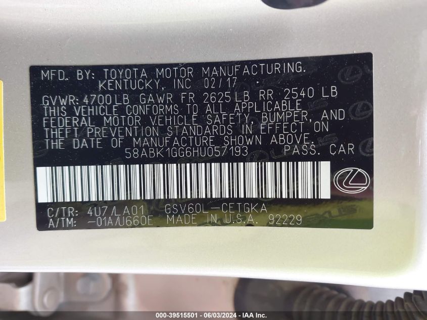 2017 Lexus Es 350 VIN: 58ABK1GG6HU057193 Lot: 39515501