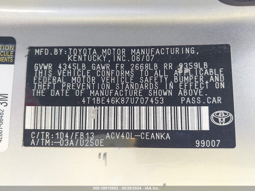 2007 Toyota Camry Ce VIN: 4T1BE46K87U707453 Lot: 39515502