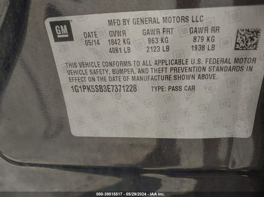 2014 Chevrolet Cruze Lt VIN: 1G1PK5SB3E7371228 Lot: 39515517