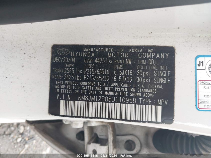 2005 Hyundai Tucson Gl VIN: KM8JM12B05U110958 Lot: 39515516