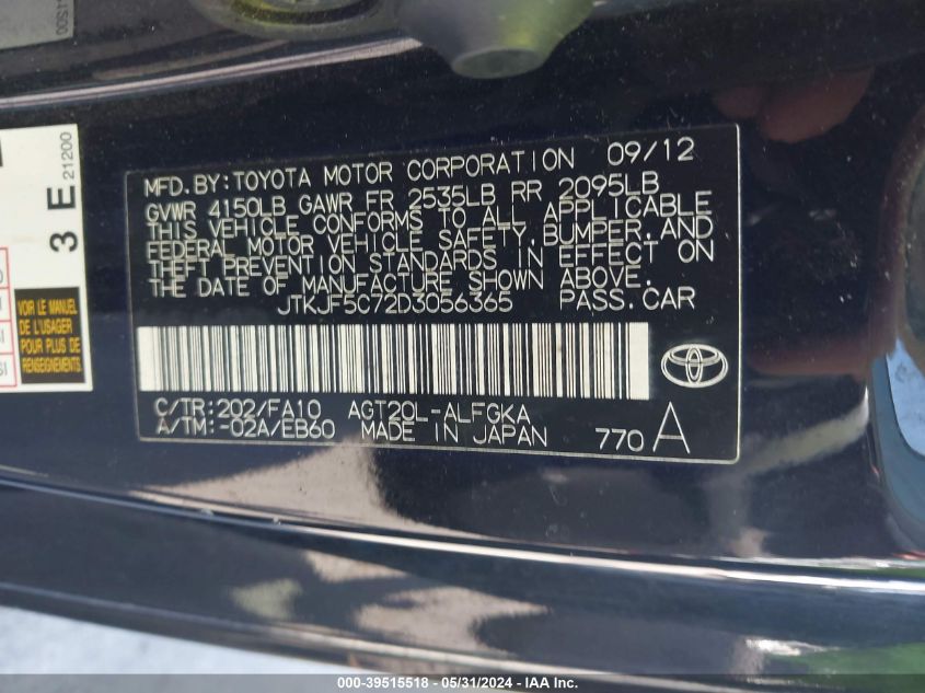 2013 Scion Tc VIN: JTKJF5C72D3056365 Lot: 39515518