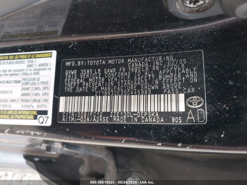 2005 Toyota Corolla S VIN: 2T1BR32E25C445989 Lot: 39515523