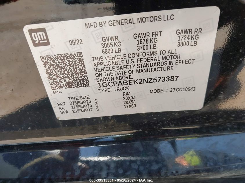 2022 Chevrolet Silverado 1500 2Wd Short Bed Custom VIN: 1GCPABEK2NZ573387 Lot: 39515531