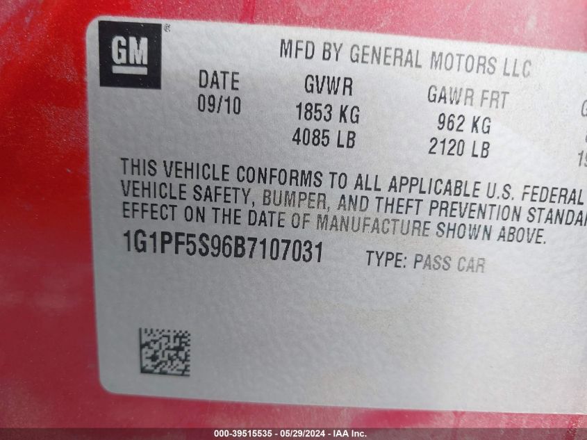 2011 Chevrolet Cruze 1Lt VIN: 1G1PF5S96B7107031 Lot: 39515535