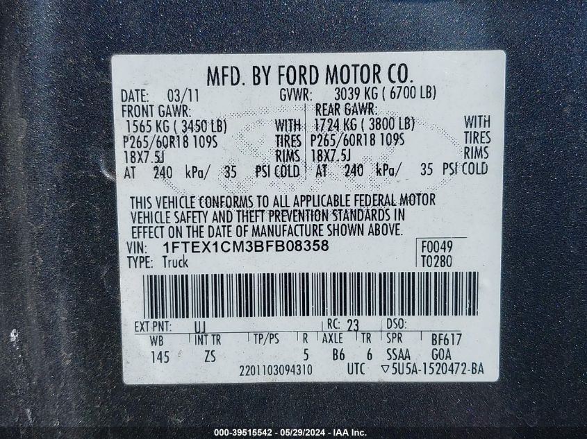 2011 Ford F-150 Xlt VIN: 1FTEX1CM3BFB08358 Lot: 39515542