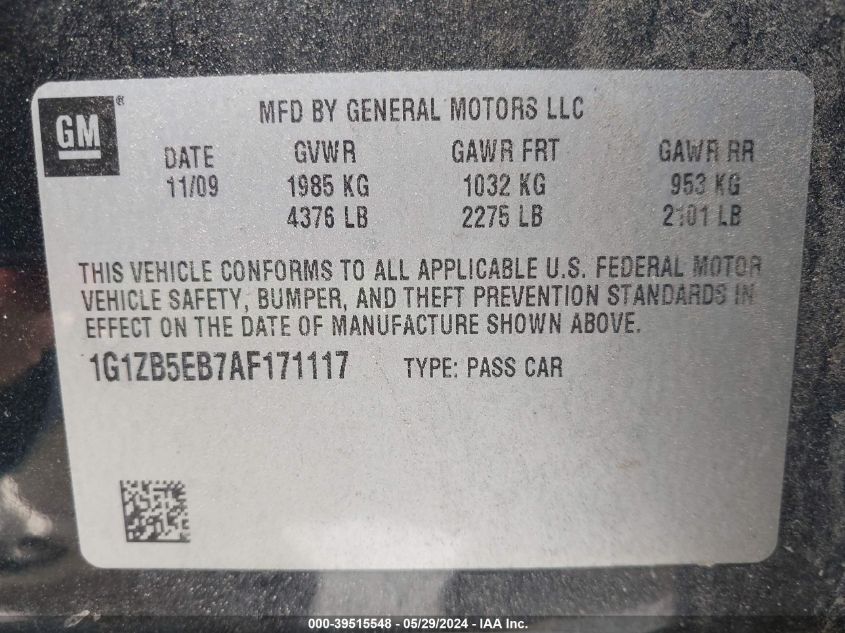 2010 Chevrolet Malibu Ls VIN: 1G1ZB5EB7AF171117 Lot: 39515548
