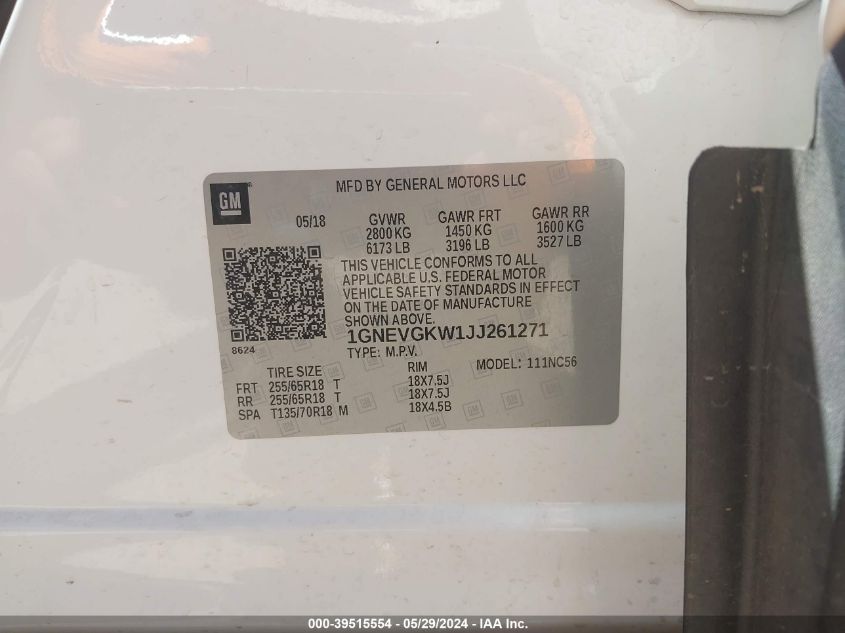 2018 CHEVROLET TRAVERSE LT - 1GNEVGKW1JJ261271