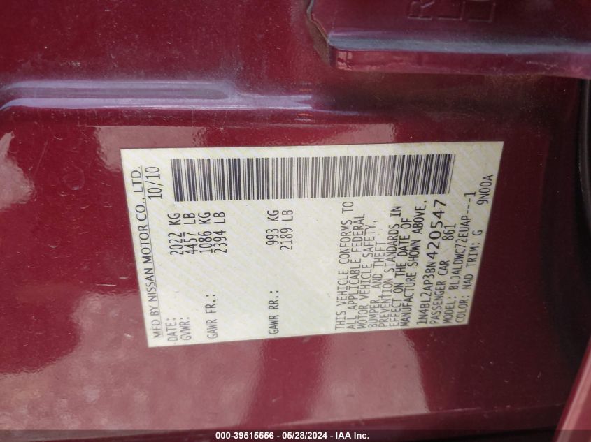 2011 Nissan Altima 3.5 Sr VIN: 1N4BL2AP3BN420547 Lot: 39515556