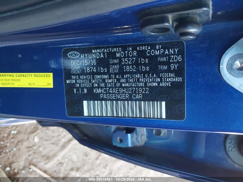 2017 Hyundai Accent Value Edition VIN: KMHCT4AE9HU271922 Lot: 39515561