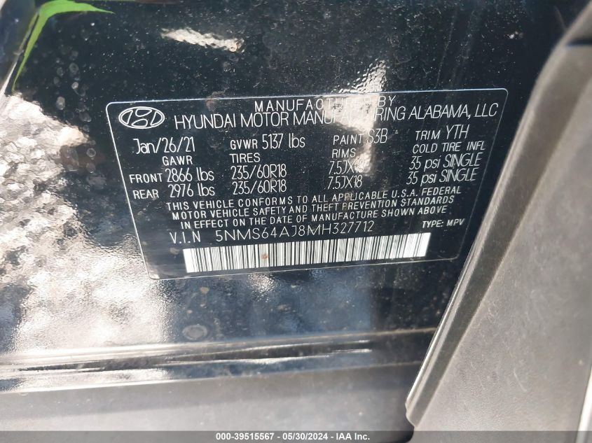 2021 Hyundai Santa Fe Sel VIN: 5NMS64AJ8MH327712 Lot: 39515567