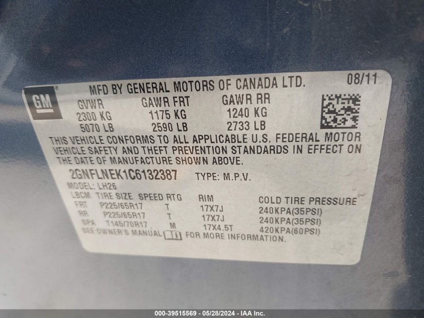 2012 Chevrolet Equinox 2Lt VIN: 2GNFLNEK1C6132387 Lot: 39515569