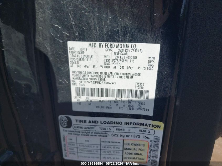 2013 Ford F-150 Fx4 VIN: 1FTFW1EF5DFE06743 Lot: 39515584