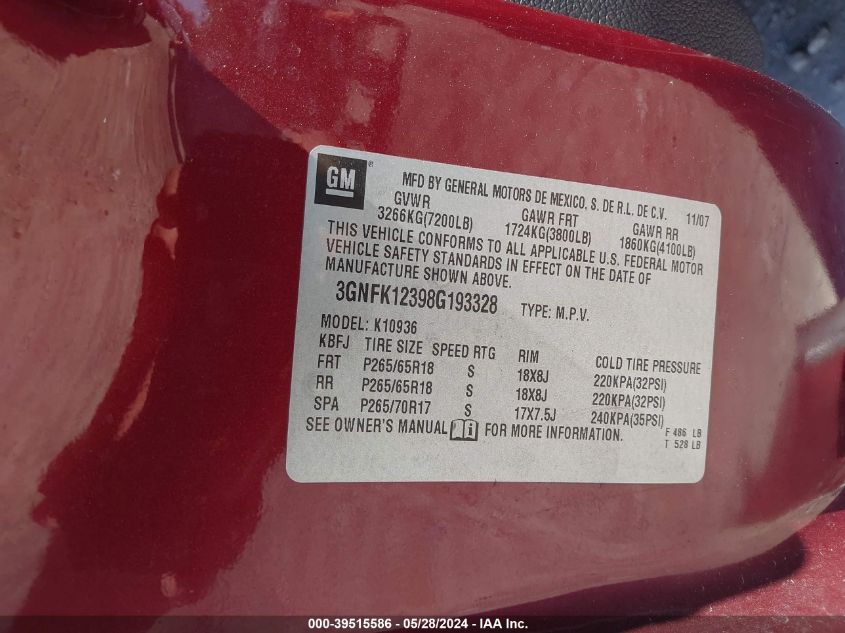 2008 Chevrolet Avalanche 1500 Lt VIN: 3GNFK12398G193328 Lot: 39515586