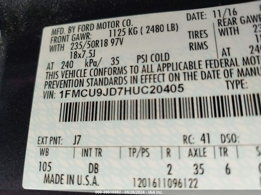 2017 Ford Escape Titanium VIN: 1FMCU9JD7HUC20405 Lot: 39515592