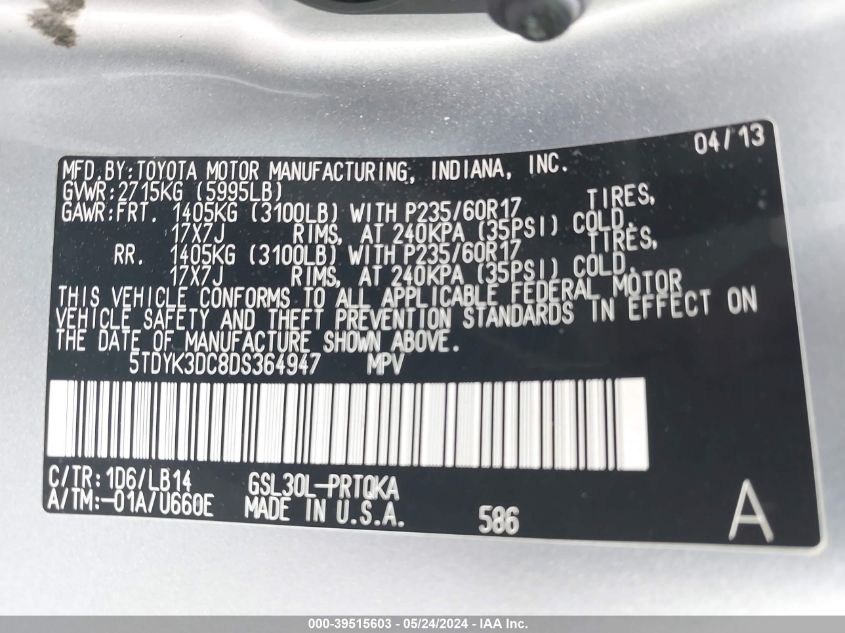 2013 Toyota Sienna Xle V6 8 Passenger VIN: 5TDYK3DC8DS364947 Lot: 39515603