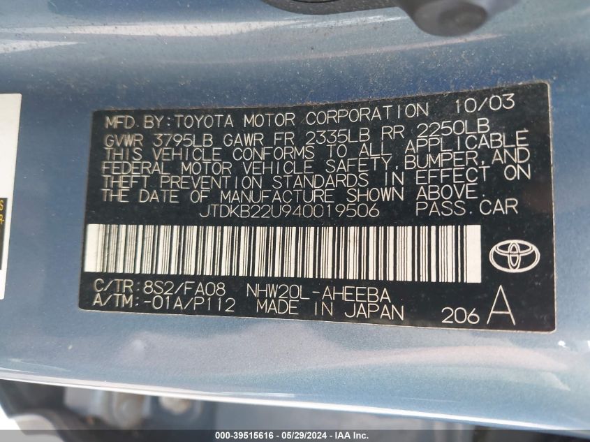 2004 Toyota Prius VIN: JTDKB22U940019506 Lot: 39515616