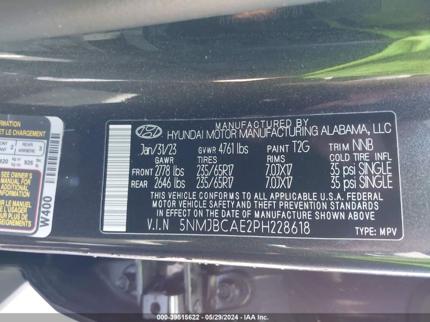 2023 Hyundai Tucson Sel VIN: 5NMJBCAE2PH228618 Lot: 39515622