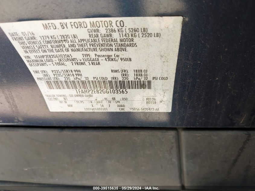 2016 Ford Taurus Sel VIN: 1FAHP2E82GG103565 Lot: 39515635