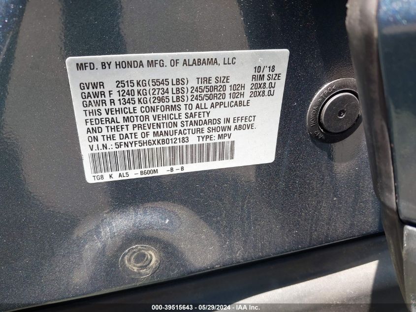 2019 Honda Pilot Touring VIN: 5FNYF5H6XKB012183 Lot: 39515643