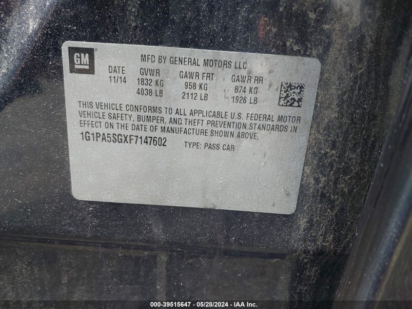 2015 Chevrolet Cruze Ls Auto VIN: 1G1PA5SGXF7147602 Lot: 39515647