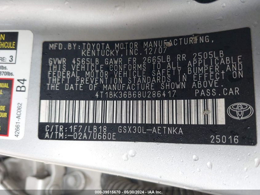 2008 Toyota Avalon Touring VIN: 4T1BK36B68U286417 Lot: 39515670